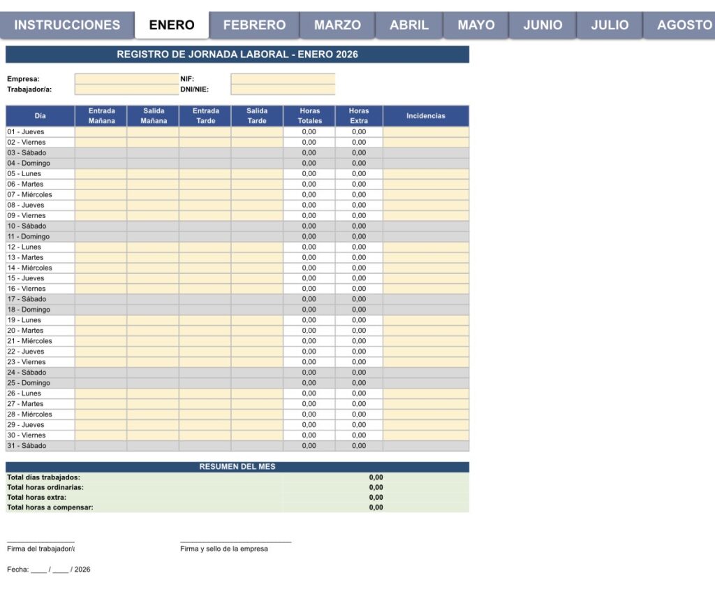 Plantilla Excel Control Horario Trabajadores 2026: Registro de Jornada Obligatorio. (Plantilla gratis) screenshot