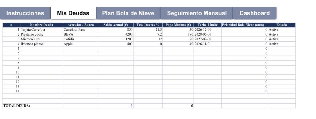 Cómo Salir de Deudas con Excel: Método Bola de Nieve (Plantilla gratis) screenshot