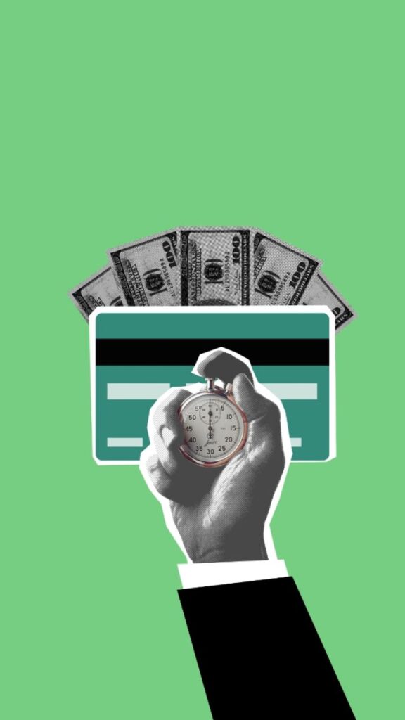 Método Avalancha para Salir de Deudas en Excel (Plantilla Gratis) Illustration of cutout person hand timing stopwatch against credit card and cash money on green background